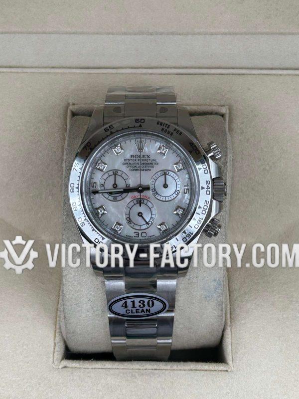 Victory Factory (VF) Rolex Daytona 116509 18k White Gold White Mother of Pearl Dial Diamond Markers - Super Clone with Clean Factory Parts & Dandong 4130 Movement