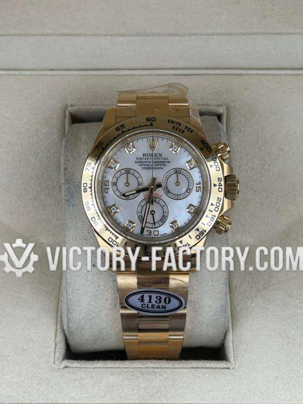 Victory Factory (VF) Rolex Daytona 116508 18k Yellow Gold Mother of Pearl Dial Diamond Markers - Super Clone with Clean Factory Parts & Dandong 4130 Movement