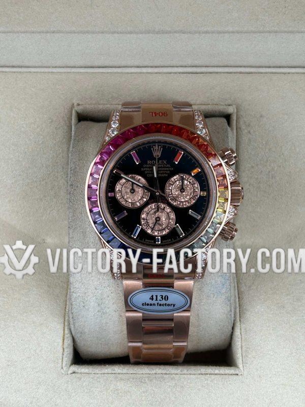 Victory Factory (VF) Rolex Daytona 116595 RBOW Rose Gold Black Dial Diamond&Sapphire Bezel- Super Clone with Clean Factory Parts & Dandong 4130 Movement