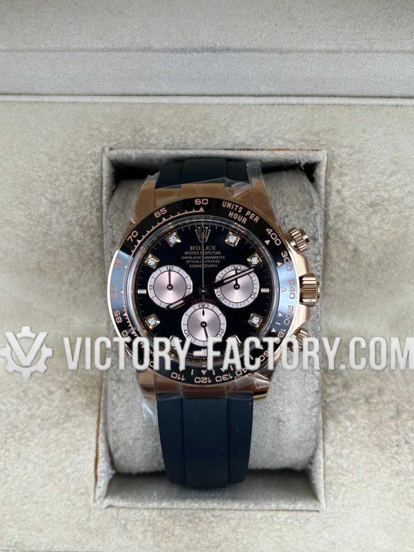 Victory Factory (VF) Rolex Daytona 116505 Rose Gold Diamond Black Champagne Panda Dial– Super Clone with Clean Factory Parts & Dandong 4130 Movement