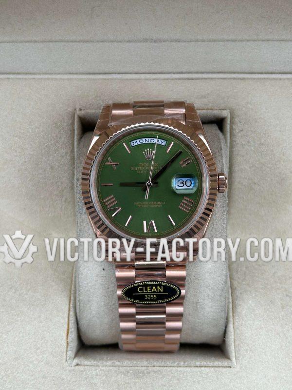 Victory Factory (VF) Rolex Day-Date 40mm 228235 -Rosegold Fluted Bezel- Olive Green Dial - Super Clone with Clean Factory Parts & Dandong 3255 Movement
