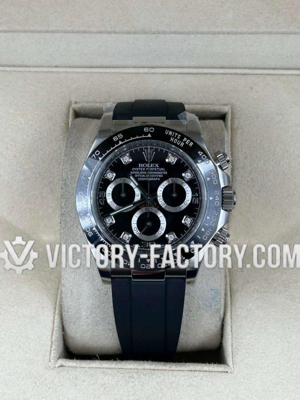 Victory Factory (VF) Rolex Daytona 116519LN Diamond Black Panda Dial Rubber Strap– Super Clone with Clean Factory Parts & Dandong 4130 Movement