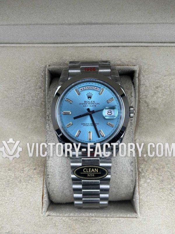 Victory Factory (VF) Rolex Day-Date 40mm 228206 – Ice Blue Dial & Baguette Diamonds – Super Clone with Clean Factory Parts & Dandong 3255 Movement