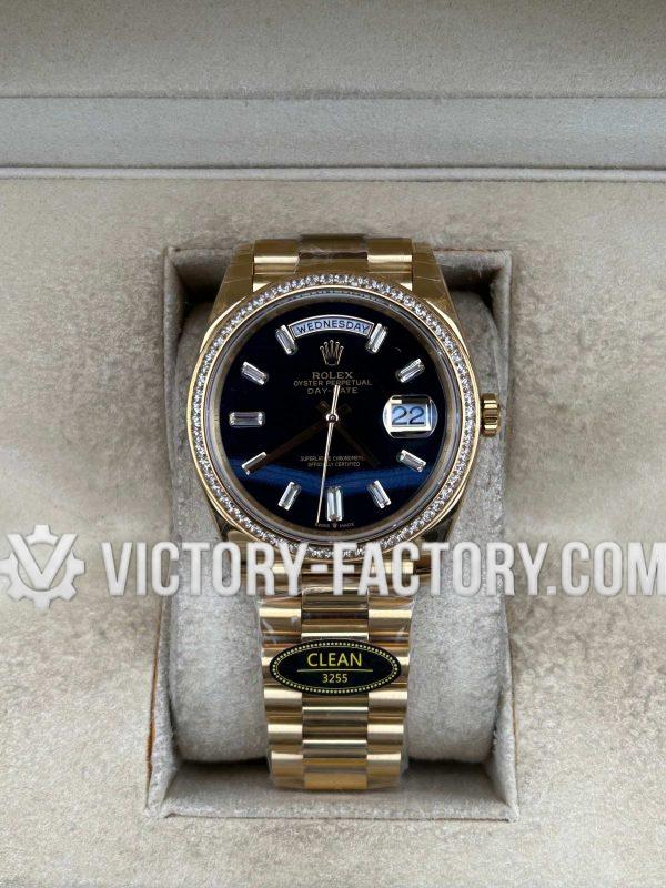 Victory Factory (VF) Rolex Day-Date 40mm 228348RBR – Black Onyx Dial & Baguette Diamonds,Diamonds Bezel –Super Clone with Clean Factory Parts & Dandong 3255 Movement