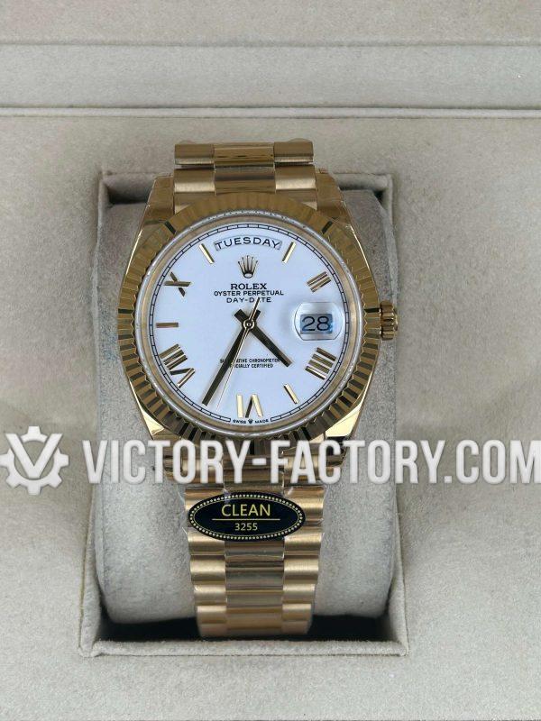 Victory Factory (VF) Rolex Day-Date 40mm 228238 - White Dial - 18k Yellow Gold Bezel- Super Clone with Clean Factory Parts & Dandong 3255 Movement