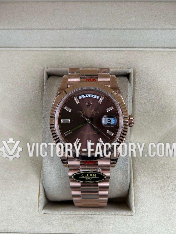 Victory Factory (VF) Rolex Day-Date 40mm 228235 Chocolate Dial – Baguette Diamonds –Rosegold Fluted Bezel- Clean Factory Parts & Dandong 3255 Movement
