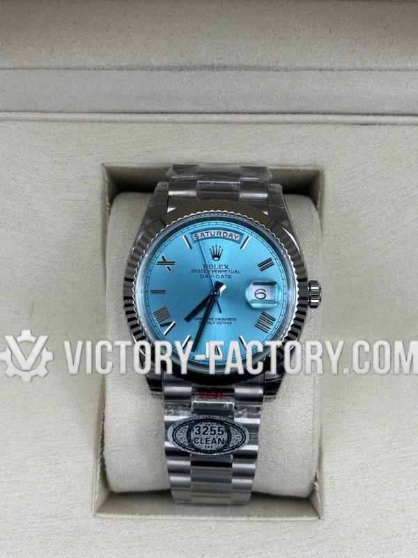 Victory Factory (VF) Rolex Day-Date 40mm 228239 - Ice Blue Roman Dial - 18k White Gold President - Super Clone with Clean Factory Parts & Dandong 3255 Movement