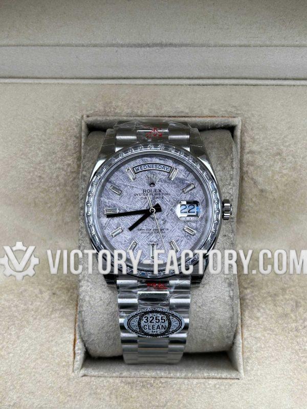 Victory Factory (VF) Rolex Day-Date 40mm 228396TBR – Meteorite Dial with Baguette Diamonds, Diamond Bezel – Super Clone with Clean Factory Parts & Dandong 3255 Movement