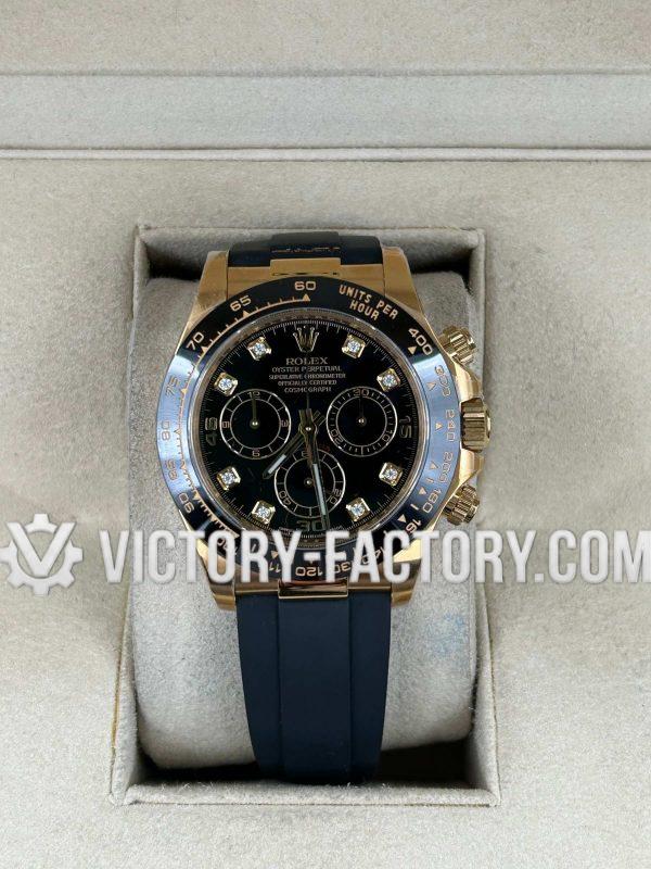 Victory Factory (VF) Rolex Daytona 116518LN Gold Diamond Black Dial Rubber Strap– Super Clone with Clean Factory Parts & Dandong 4130 Movement