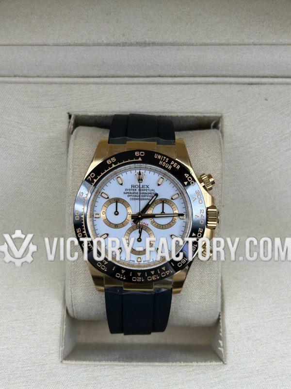 Victory Factory (VF) Rolex Daytona 116518LN Yellow Gold White Dial-Rubber Strap- Super Clone with Clean Factory Parts & Dandong 4130 Movement