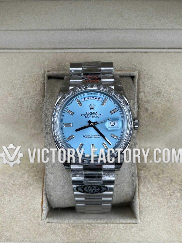 Victory Factory (VF) Rolex Day-Date 40mm 228396TBR – Ice Blue Dial & Baguette Diamonds Platinum Wrapped Smooth Bezel–Super Clone with Clean Factory Parts & Dandong 3255 Movement