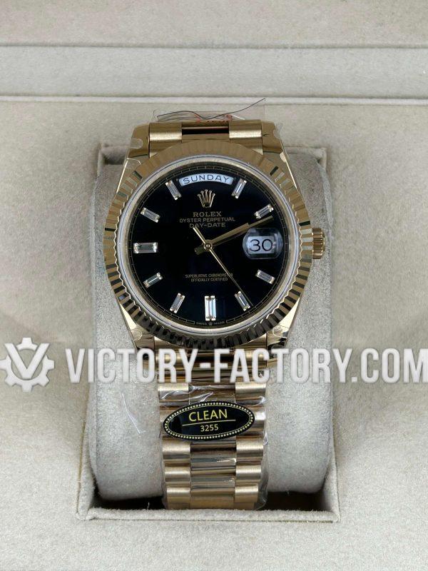 Victory Factory (VF) Rolex Day-Date 40mm 228238 Yellow Gold – Black Dial Baguette Diamonds – Clean Factory Parts & Dandong 3255 Movement