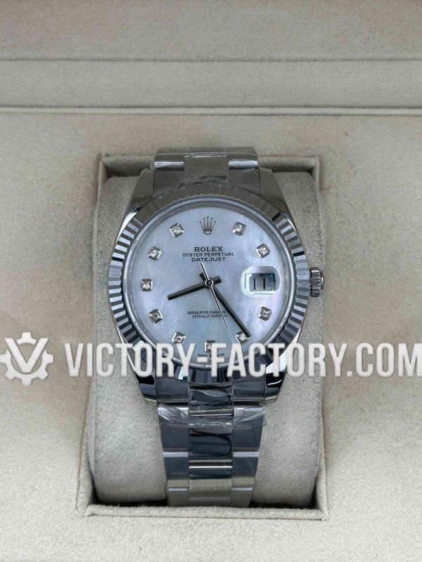 Victory Factory (VF) Rolex Datejust 41mm 126334 White Mother of Pearl Diamond Dial Oyster – Super Clone with Clean Factory Parts & Dandong 3235 Movement