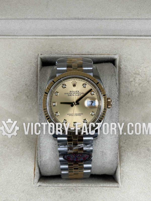 Victory Factory (VF) Rolex Datejust 36mm 126234 – Gold Diamond Dial Jubilee Two-Tone – Super Clone with Clean Factory Parts & Dandong 3235 Movement