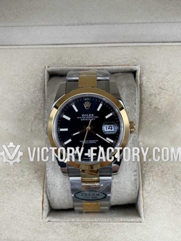 Victory Factory (VF) Rolex Datejust 41mm 126303 Two-Tone Yellow Gold Black Dial Smooth Bezel Oyster – Super Clone with Clean Factory Parts & Dandong 3235 Movement