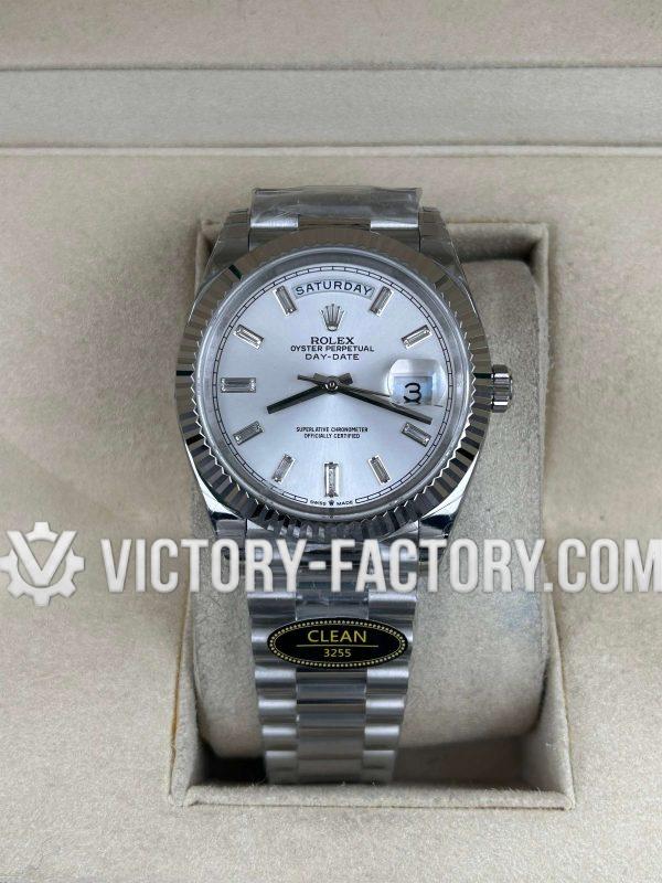 Victory Factory (VF) Rolex Day-Date 40mm 228239 – Silver Dial & Baguette Diamonds – Clean Factory Parts & Dandong 3255 Movement
