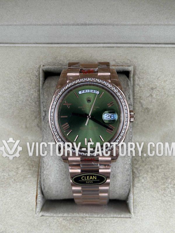 Victory Factory (VF) Rolex Day-Date 40mm 228345RBR – Olive Green Dial & Roman Numerals，Diamonds Bezel– Super Clone with Clean Factory Parts & Dandong 3255 Movement