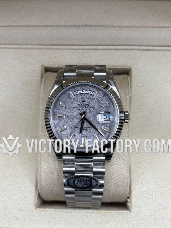 Victory Factory (VF) Rolex Day-Date 40mm 228239 Meteorite Dial with Baguette Diamonds – Super Clone with Clean Factory Parts & Dandong 3255 Movement