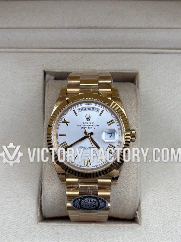 Victory Factory (VF) Rolex Day-Date 40mm 228238 - Silver Roman Dial - 18K Yellow Gold President - Super Clone with Clean Factory Parts & Dandong 3255 Movement